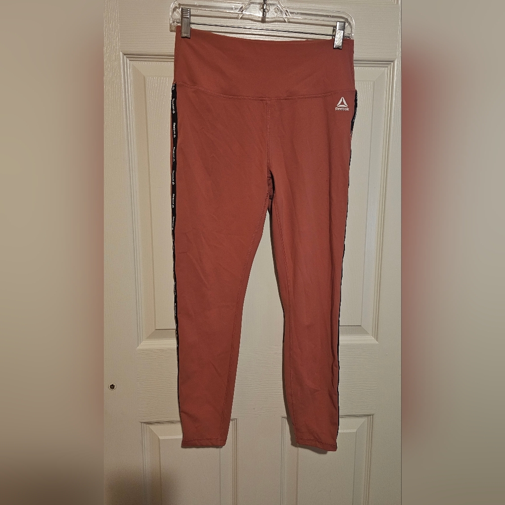 Reebok Elevated High Rise Rust Terracotta Leggings with Black Side Stripes Sz M